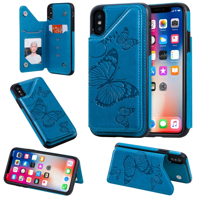 

For iPhone X & XS Butterfly Embossing Pattern Shockproof Protective Case with Holder & Card Slots & Photo Frame(Blue)