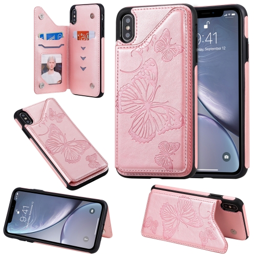 

For iPhone XS Max Butterfly Embossing Pattern Shockproof Protective Case with Holder & Card Slots & Photo Frame(Rose Gold)