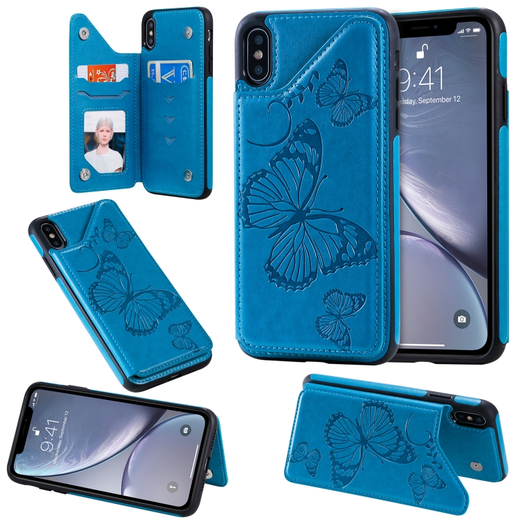 

For iPhone XS Max Butterfly Embossing Pattern Shockproof Protective Case with Holder & Card Slots & Photo Frame(Blue)