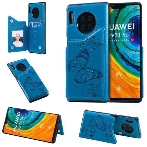 

For Huawei Mate30 Pro Butterfly Embossing Pattern Shockproof Protective Case with Holder & Card Slots & Photo Frame(Blue)