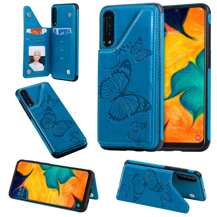 

For Galaxy A50 Butterfly Embossing Pattern Shockproof Protective Case with Holder & Card Slots & Photo Frame(Blue)