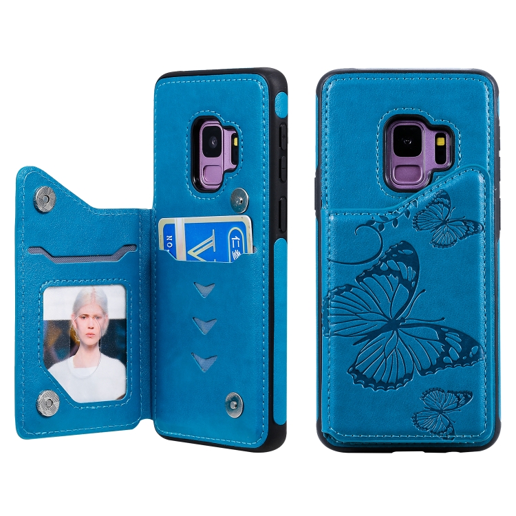 

For Galaxy S9 Butterfly Embossing Pattern Shockproof Protective Case with Holder & Card Slots & Photo Frame(Blue)