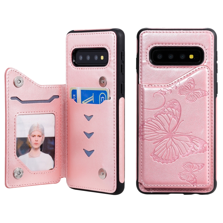 

For Galaxy S10 Butterfly Embossing Pattern Shockproof Protective Case with Holder & Card Slots & Photo Frame(Rose Gold)