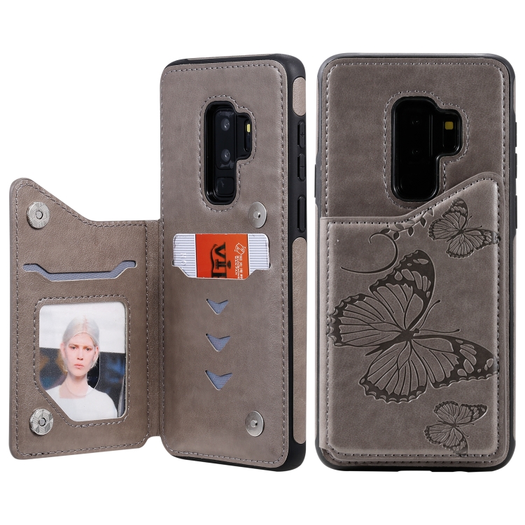 

For Galaxy S9 Plus Butterfly Embossing Pattern Shockproof Protective Case with Holder & Card Slots & Photo Frame(Gray)
