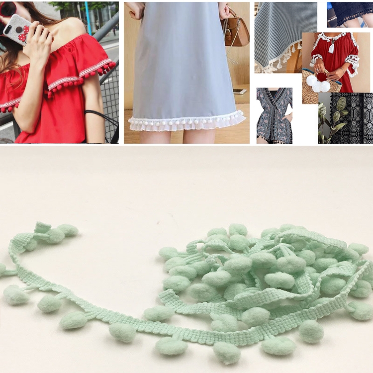 

20 Yards Pompom Lace Ribbon Fur Ball Trim For Craft DIY Curtain Home Decorative Clothes Sewing Accessories(Light Blue Green)