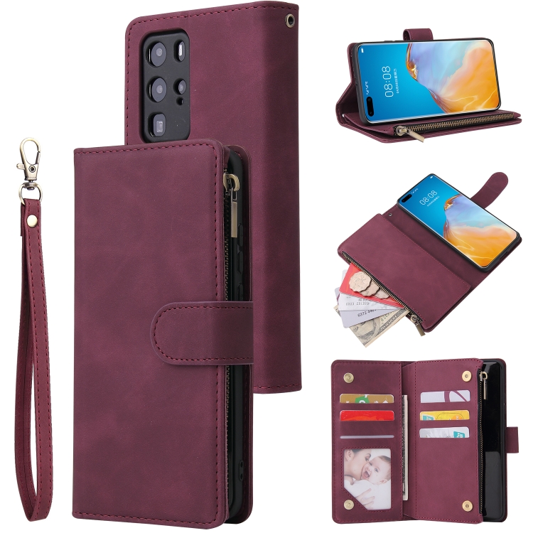 

For Huawei P40 Pro Multifunctional Horizontal Flip Leather Case, with Card Slot & Holder & Zipper Wallet & Photo Frame(Red Wine)