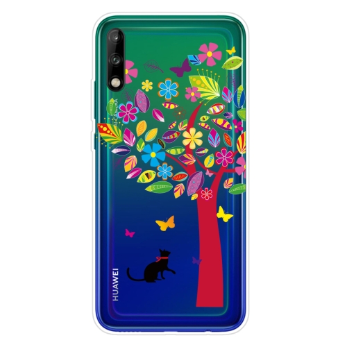 

For Huawei Enjoy 10 Shockproof Painted Transparent TPU Protective Case(Tree and Cat)