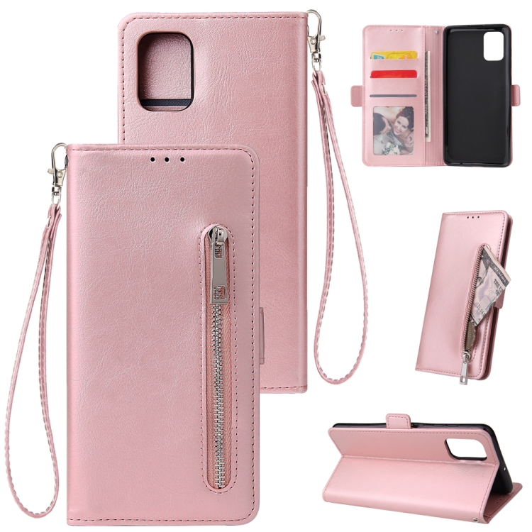 

For Galaxy A71 Multifunctional Horizontal Flip Leather Case, with Nine Card Slot & Holder & Double Zip Wallett & Photo Frame & Lanyard(Rose Gold)