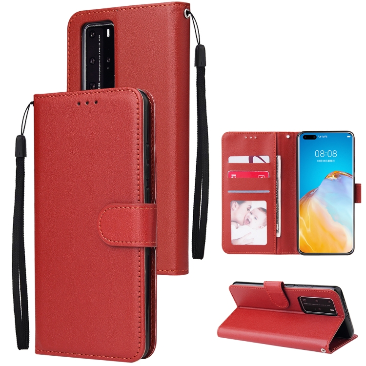 

For Huawei P40 Pro Multifunctional Horizontal Flip Leather Case, with Three Card Slot & Holder & Double Zip Wallett & Photo Frame & Lanyard(Red)