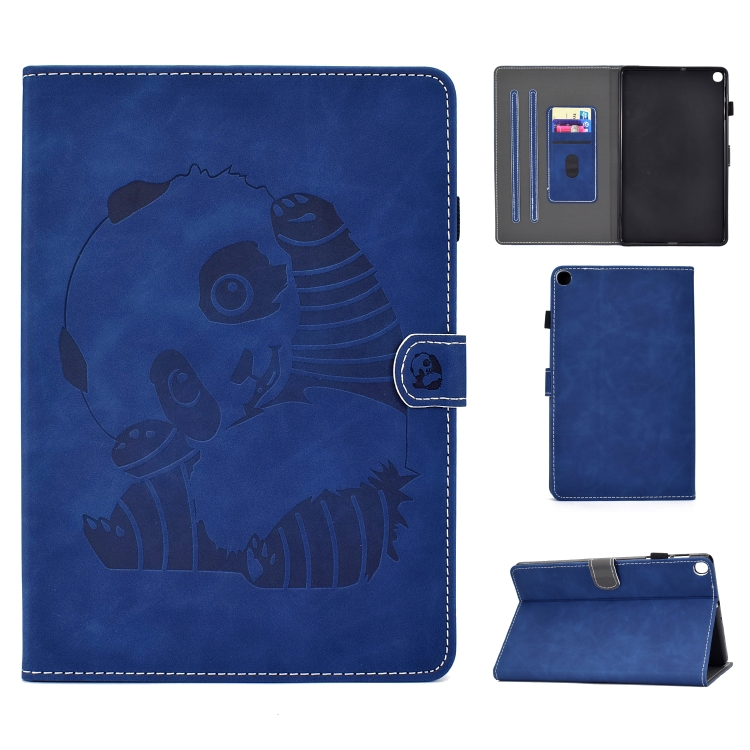 

For Galaxy Tab A 10.1 (2019) T510 Embossing Sewing Thread Horizontal Painted Flat Leather Case with Pen Cover & Anti Skid Strip & Card Slot & Holder(Blue)