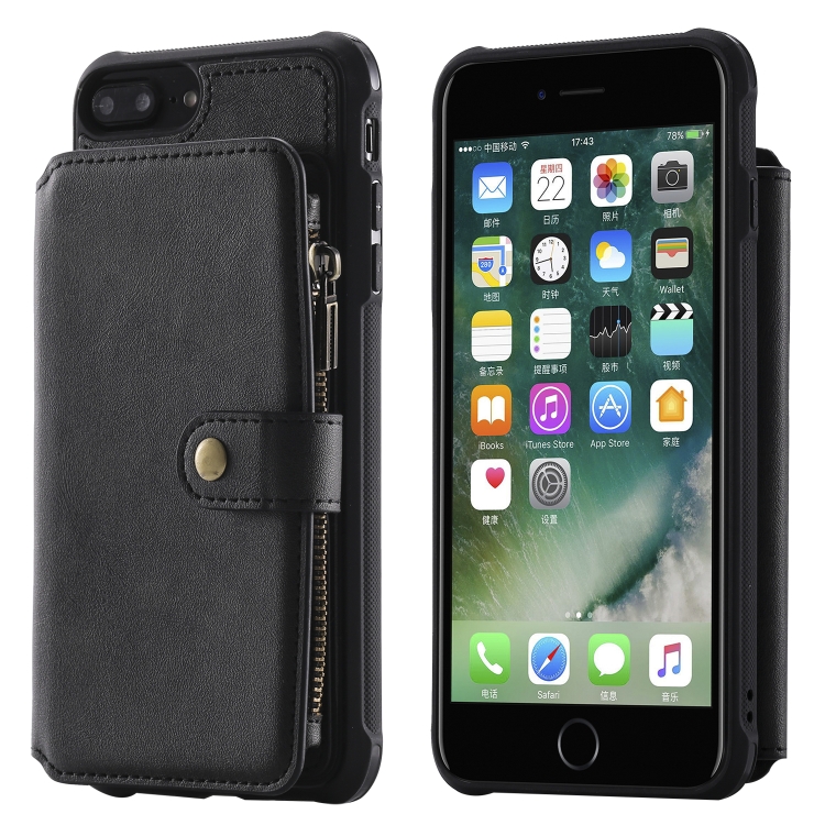 

For iPhone 7 Plus / 8 Plus Zipper Shockproof Protective Case with Card Slots & Bracket & Photo Holder & Wallet Function(Black)