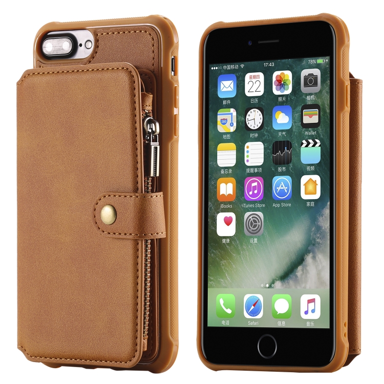 

For iPhone 7 Plus / 8 Plus Zipper Shockproof Protective Case with Card Slots & Bracket & Photo Holder & Wallet Function(Brown)