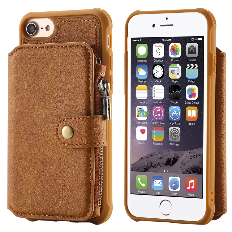 

For iPhone 6 Zipper Shockproof Protective Case with Card Slots & Bracket & Photo Holder & Wallet Function(Brown)