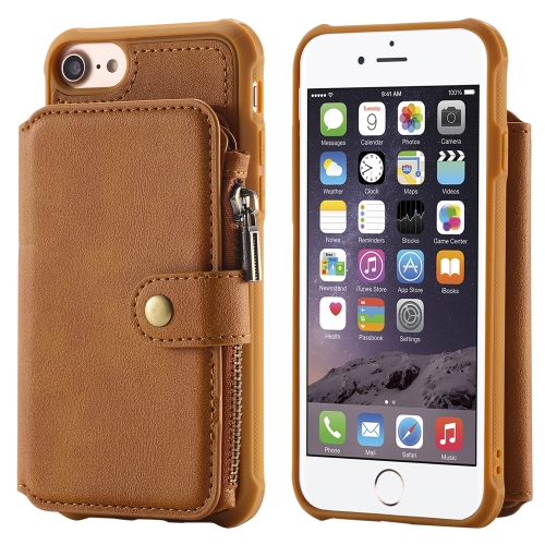 

For iPhone SE 2020 / 8 / 7 Zipper Shockproof Protective Case with Card Slots & Bracket & Photo Holder & Wallet Function(Brown)