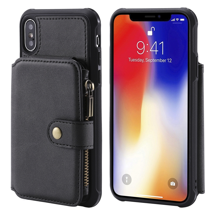 

For iPhone X / XS Zipper Shockproof Protective Case with Card Slots & Bracket & Photo Holder & Wallet Function(Black)