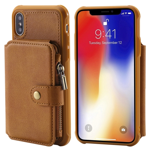 

For iPhone X / XS Zipper Shockproof Protective Case with Card Slots & Bracket & Photo Holder & Wallet Function(Brown)