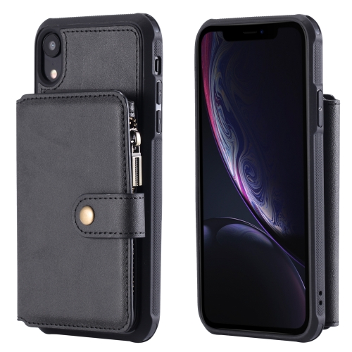 

For iPhone XR Zipper Shockproof Protective Case with Card Slots & Bracket & Photo Holder & Wallet Function(Black)