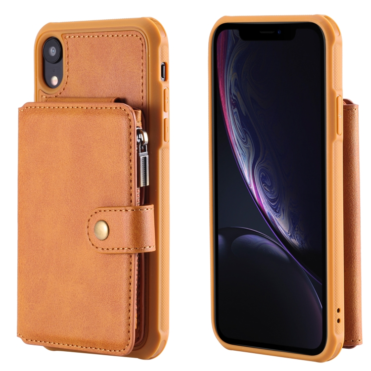 

For iPhone XR Zipper Shockproof Protective Case with Card Slots & Bracket & Photo Holder & Wallet Function(Brown)