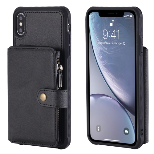 

For iPhone XS Max Zipper Shockproof Protective Case with Card Slots & Bracket & Photo Holder & Wallet Function(Black)