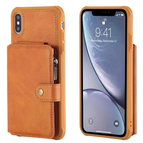 

For iPhone XS Max Zipper Shockproof Protective Case with Card Slots & Bracket & Photo Holder & Wallet Function(Brown)