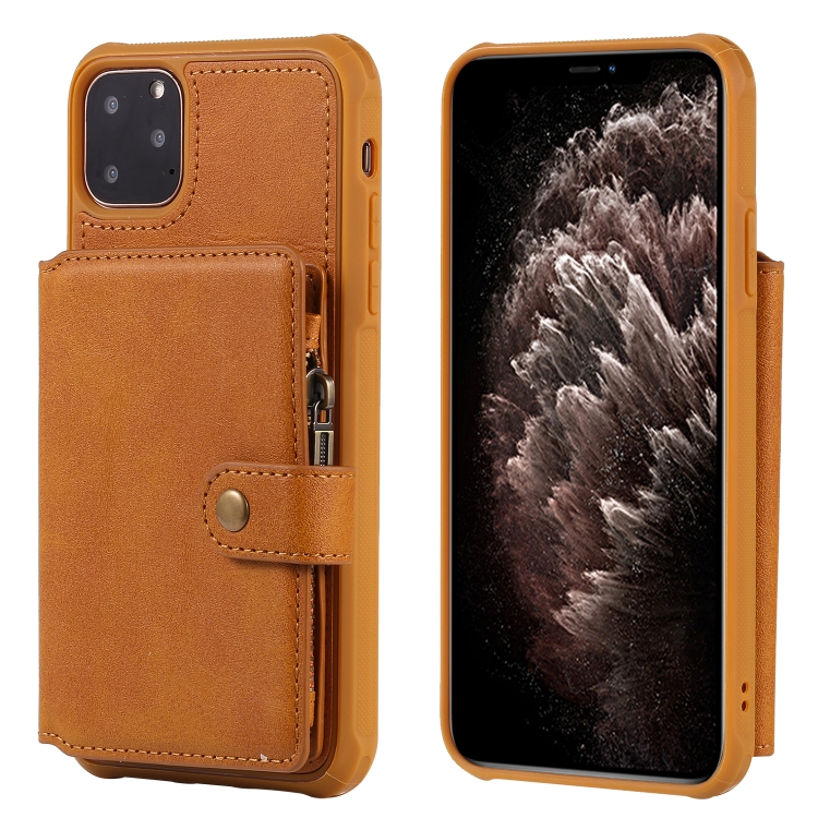 

For iPhone 11 Pro Max Zipper Shockproof Protective Case with Card Slots & Bracket & Photo Holder & Wallet Function(Brown)
