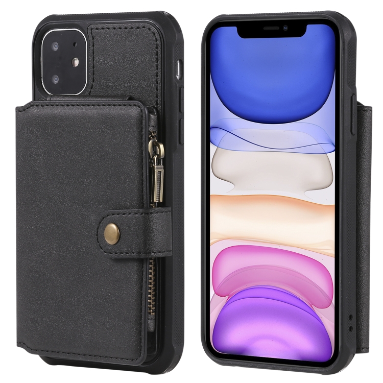 

For iPhone 11 Zipper Shockproof Protective Case with Card Slots & Bracket & Photo Holder & Wallet Function(Black)