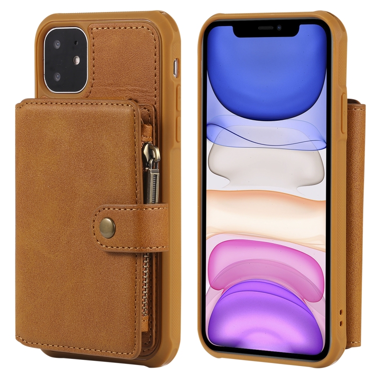 

For iPhone 11 Zipper Shockproof Protective Case with Card Slots & Bracket & Photo Holder & Wallet Function(Brown)