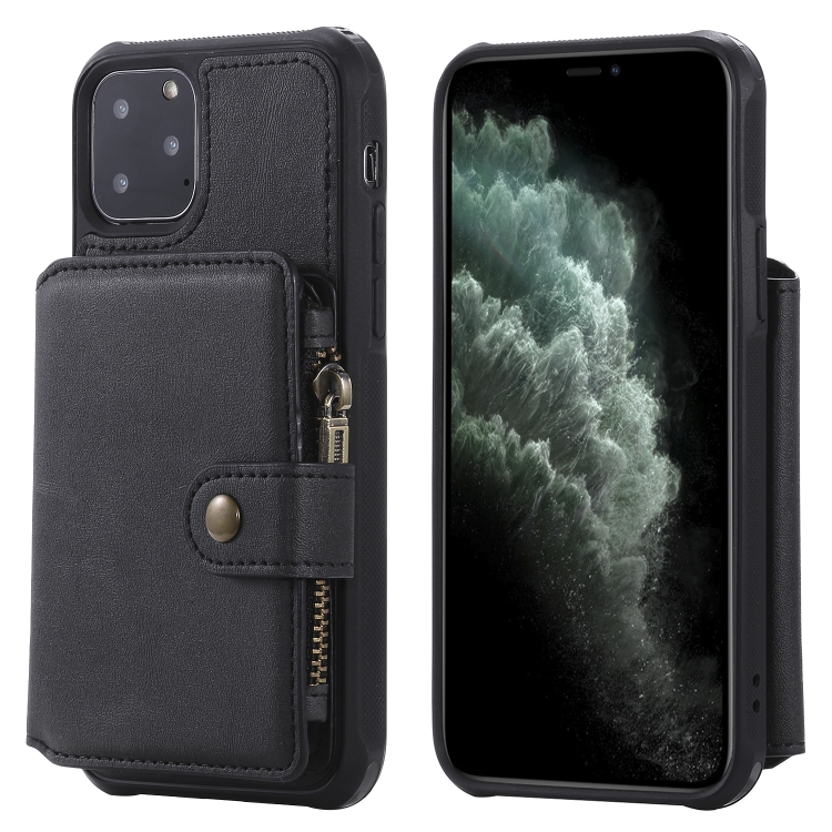 

For iPhone 11 Pro Zipper Shockproof Protective Case with Card Slots & Bracket & Photo Holder & Wallet Function(Black)