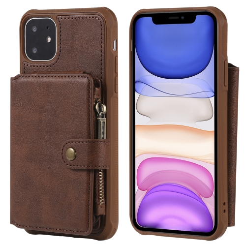

For iPhone 11 Pro Zipper Shockproof Protective Case with Card Slots & Bracket & Photo Holder & Wallet Function(Coffee)
