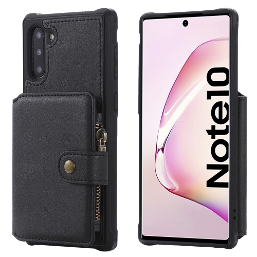 

For Galaxy Note 10 Zipper Shockproof Protective Case with Card Slots & Bracket & Photo Holder & Wallet Function(Black)