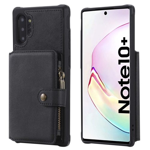 

For Galaxy Note 10 Plus Zipper Shockproof Protective Case with Card Slots & Bracket & Photo Holder & Wallet Function(Black)