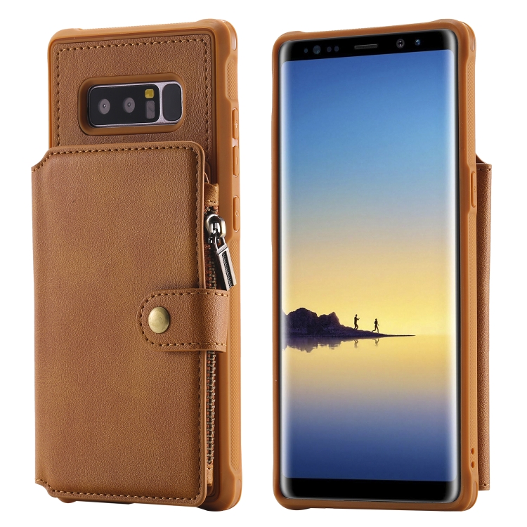 

For Galaxy Note 8 Zipper Shockproof Protective Case with Card Slots & Bracket & Photo Holder & Wallet Function(Brown)