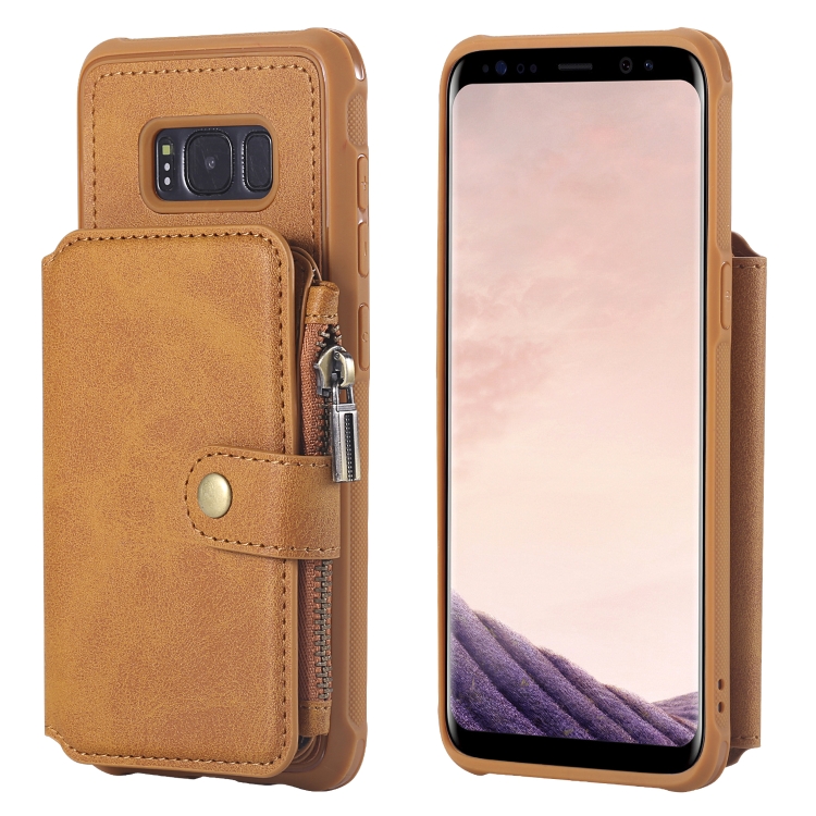 

For Galaxy S8 Zipper Shockproof Protective Case with Card Slots & Bracket & Photo Holder & Wallet Function(Brown)