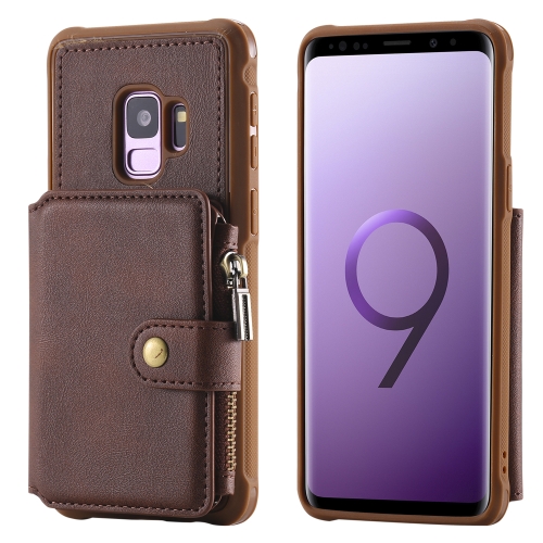 

For Galaxy S9 Zipper Shockproof Protective Case with Card Slots & Bracket & Photo Holder & Wallet Function(Coffee)