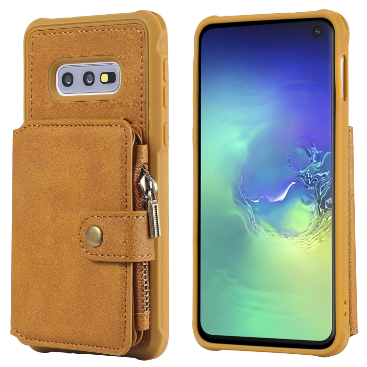 

For Galaxy S10e Zipper Shockproof Protective Case with Card Slots & Bracket & Photo Holder & Wallet Function(Brown)