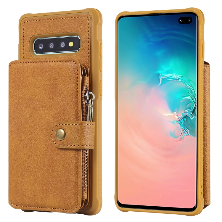 

For Galaxy S10 Plus Zipper Shockproof Protective Case with Card Slots & Bracket & Photo Holder & Wallet Function(Brown)