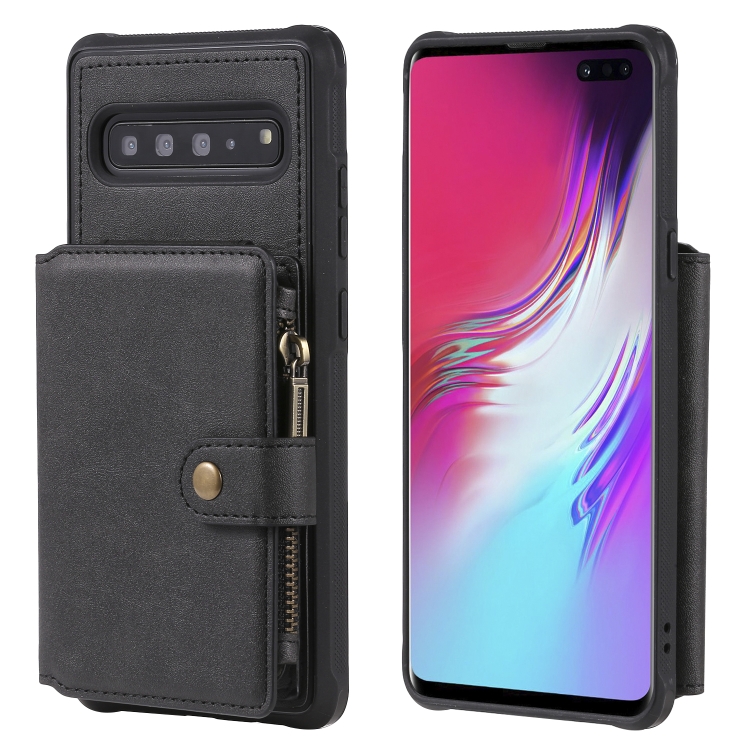 

For Galaxy S10 5G Zipper Shockproof Protective Case with Card Slots & Bracket & Photo Holder & Wallet Function(Black)