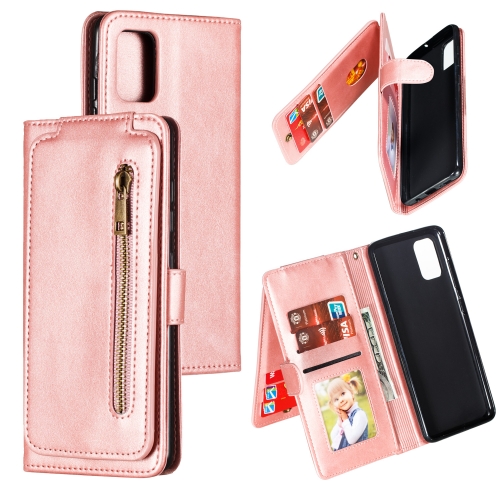 

For Galaxy A51 Nine Card Zipper Bag Horizontal Flip Leather Case With Holder & Card Slots & Photo Frame & Wallet(Rose Gold)