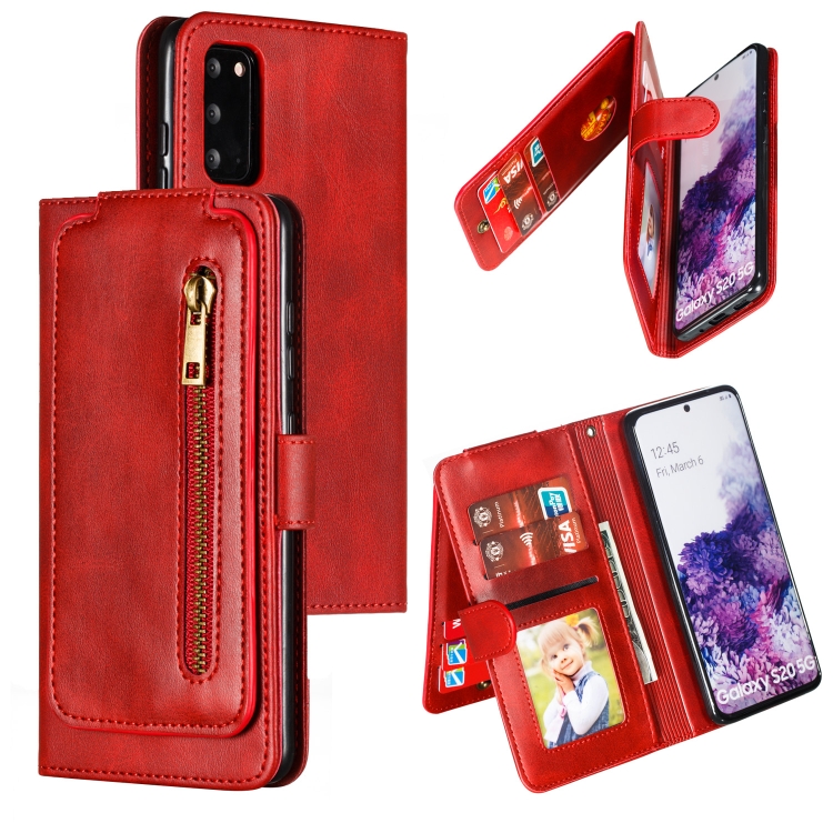 

For Galaxy S20 Nine Card Zipper Bag Horizontal Flip Leather Case With Holder & Card Slots & Photo Frame & Wallet(Red)