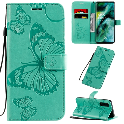 

For OPPO Find X2 3D Butterflies Embossing Pattern Horizontal Flip Leather Case with Holder & Card Slot & Wallet & Lanyard(Green)