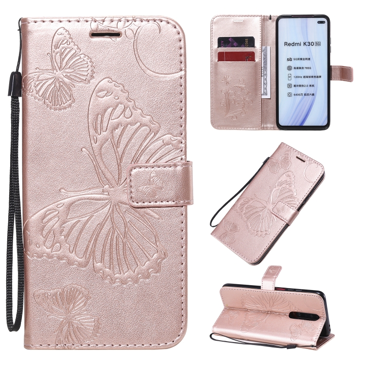 

For Xiaomi Redmi K30 3D Butterflies Embossing Pattern Horizontal Flip Leather Case with Holder & Card Slot & Wallet & Lanyard(Rose Gold)