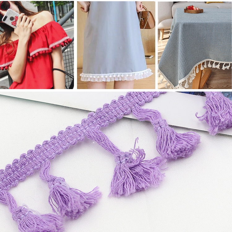 

25 Metres 4.5cm Cotton Thread Broom Lace Ribbon Tassel Ethnic For Craft DIY Curtain Home Decorative Clothes Sewing Accessories(Purple)