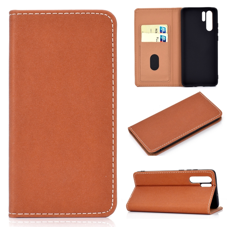 

For Huawei P30 Pro Solid Color Frosted Magnetic Horizontal Flip Leather Case with Card Slots & Holder(Brown)