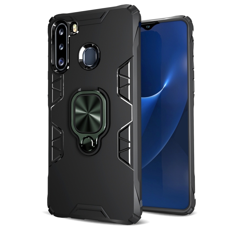 

For Galaxy A21 Shockproof TPU Full Coverage Protective Case with 360 Degree Rotating Ring Holder(Black + Green)