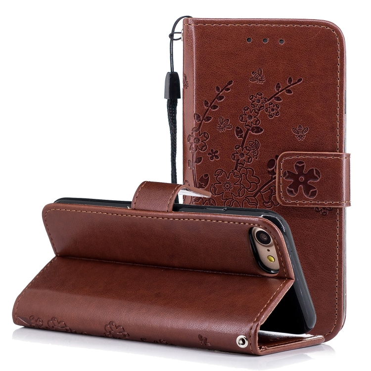 

For iPhone SE 2020 Plum Blossom Embossing Pattern Horizontal Flip Leather Case with Holder & Card Slots & Wallet & Lanyard(Brown)