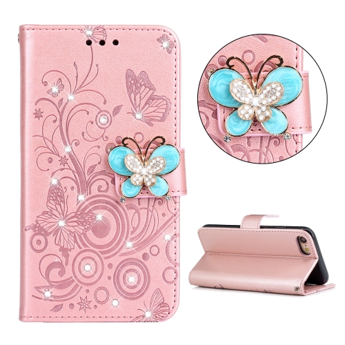 

For iPhone SE (2020) Diamond Encrusted Butterflies Embossing Pattern Horizontal Flip Leather Case with Holder & Card Slots & Wallet & Lanyard(Rose Gold)