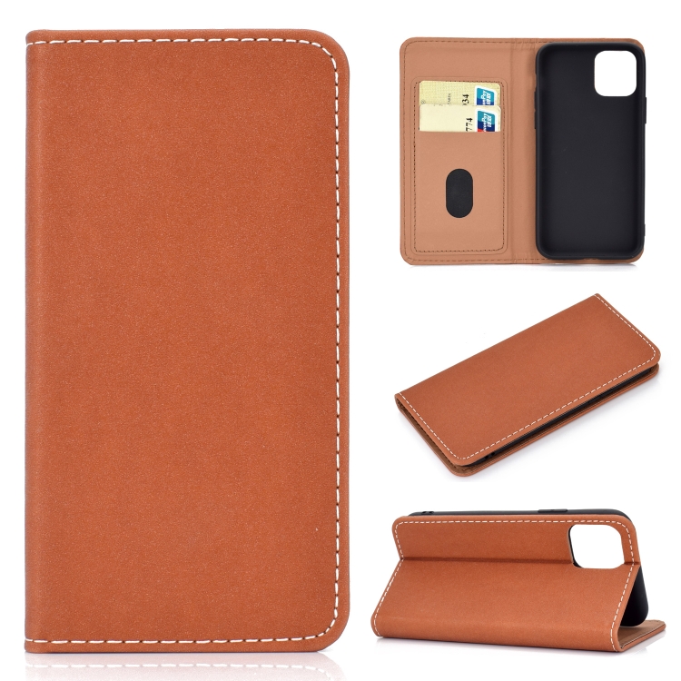 

For iPhone 11 Pro Solid Color Frosted Magnetic Horizontal Flip Leather Case with Card Slots & Holder(Brown)