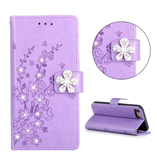 

For iPhone SE (2020) Diamond Encrusted Plum Blossom Embossing Pattern Horizontal Flip Leather Case with Holder & Card Slots & Wallet & Lanyard(Purple)