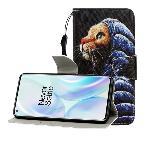 

For One Plus 8 Colored Drawing Horizontal Flip Leather Case with Holder & Card Slot & Wallet(Down Jacket Cat)