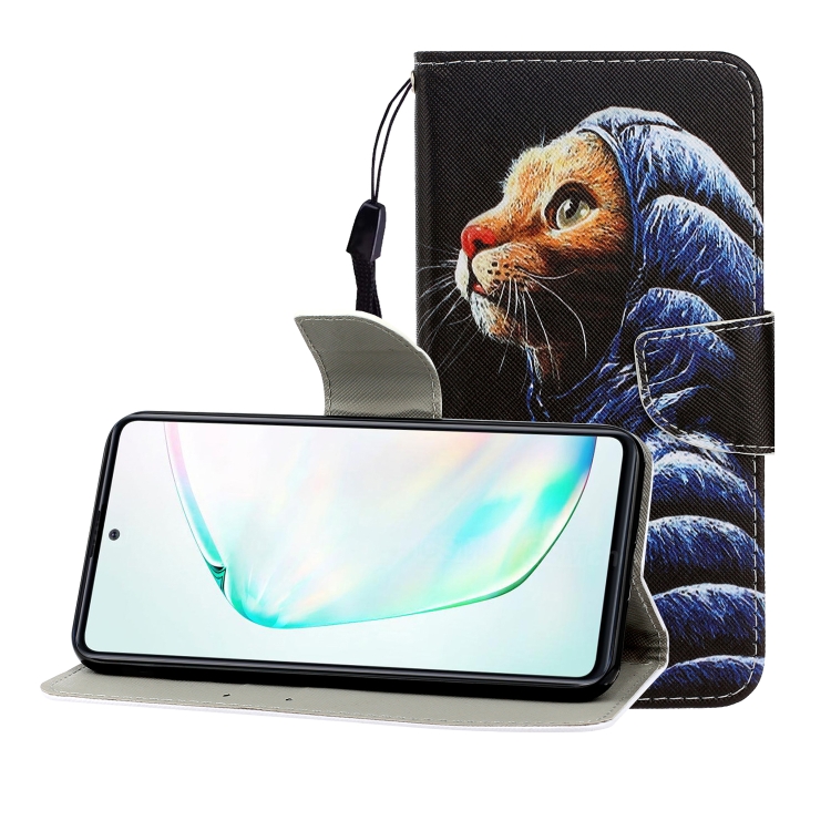 

For Galaxy A91 Colored Drawing Horizontal Flip Leather Case with Holder & Card Slot & Wallet(Down Jacket Cat)